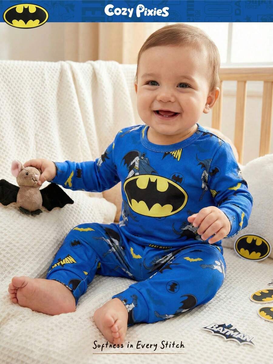 BATMAN X Cozy Pixies Baby Girl Snug Fit Pajama Set, Knit Soft Round Neck Long Sleeve Top And Elastic Waist Long Pants - Blue - View 1