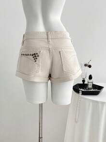 Elamini Women's Casual Everyday Washed Denim Shorts With Pockets And Buttons - Beige - View 2