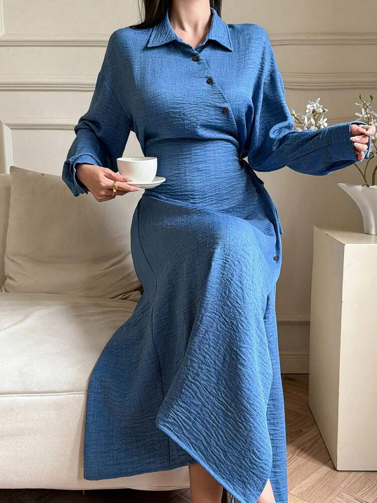 Women's Casual Commuter Solid Color Waist Cinched Long Dress Sundress Summer