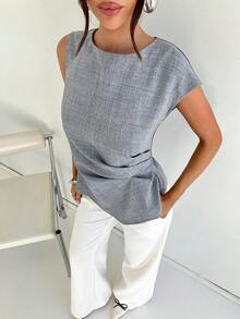 Siren Gaze Women's Grey Elegant Office Summer Blouse,Boat Neck Twist Front Sleeveless Tank Top,Ruched Waist Asymmetric Hem Shirt,Button Closure Back Work Wear - Grey - View 7