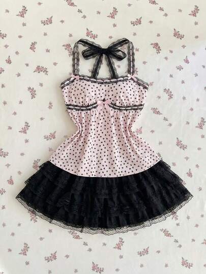 Elamini Pink Heart Print Contrast Black Lace Patchwork Bow Decor Halter Neck Ruffle Hem Babydoll Top For Women, Spring/Summer , Vacation, Boho, Elegant, Cute, Romantic, Versatile