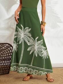 Gownix Women Multicolor Boho Flared Maxi Skirt With Palm Tree Print And Pocket Detail In Woven Fabric - Multicolor - View 4