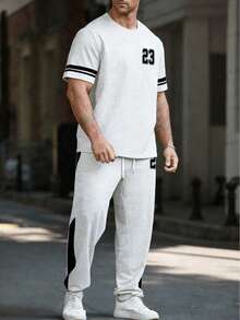 Manfinity Homme Plus Size Men's Numeric Print Round Neck Short Sleeve T-Shirt And Drawstring Waist Casual Pants Set - Light Grey - View 4