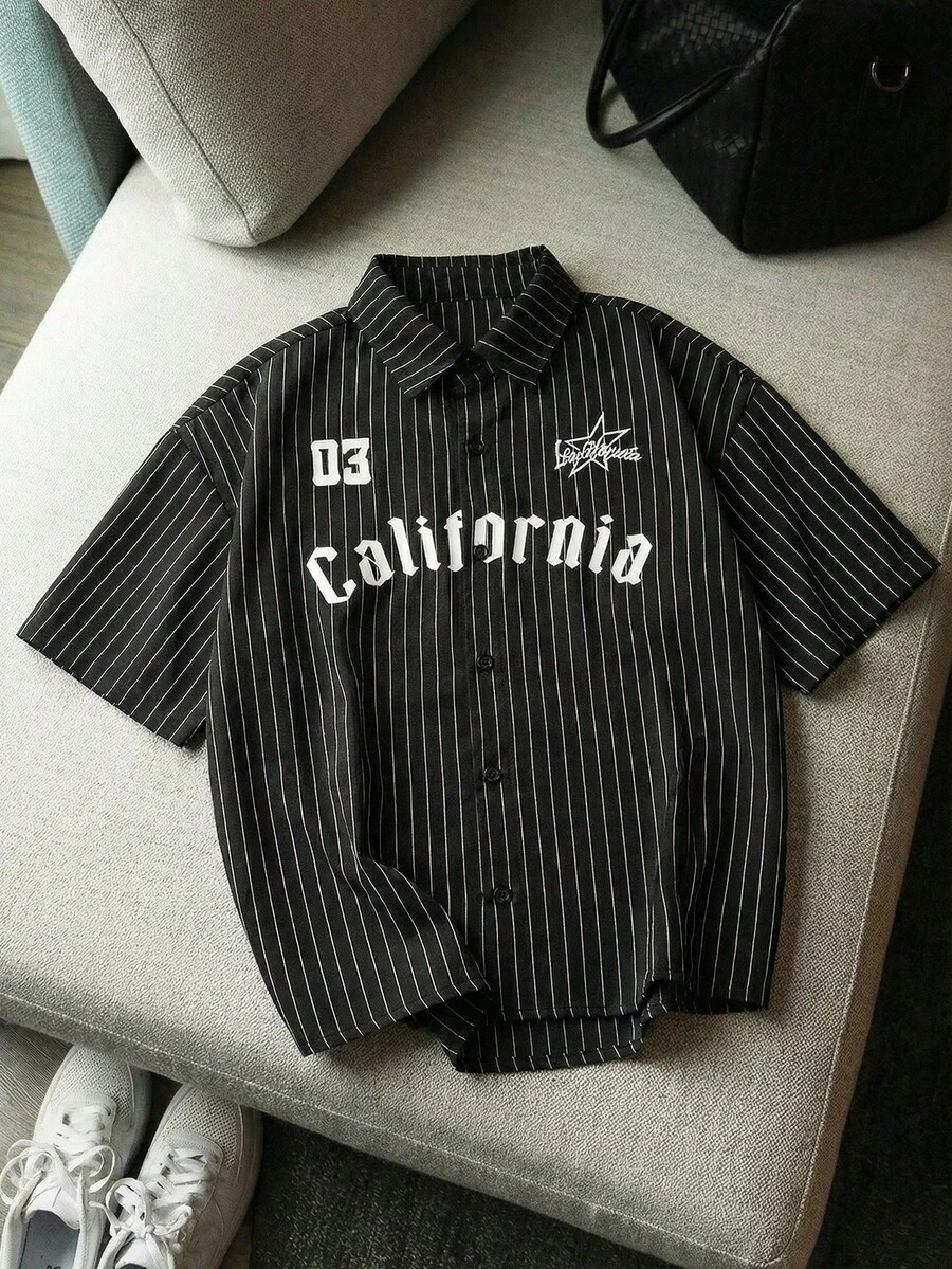 AXEPEAK Men's Striped & Letter Print Button-Front Short Sleeve Shirt - Black - View 1