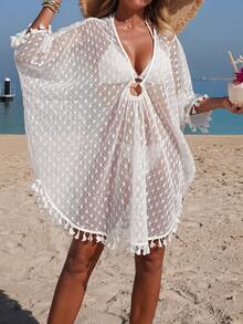 Swim Vcay Island Vacation White V-Neck Fringe Design Hollow Batwing Sleeve Cover Up For Summer - White - View 1