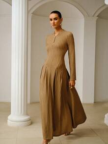 ZEYLAH Elegant Fitted Knit Dress, Minimalist Style, Spring/Summer - Khaki - View 5