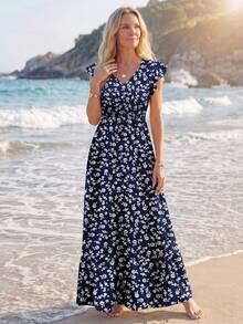 Sylviya V 领荷叶边碎花田园风格 A 字下摆超长连衣裙，女士休闲度假连衣裙 - 彩色 - 查看 4