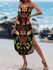 Sylviya 女士夏季柔软扎染修身开衩吊带裙，适合夏季穿着 - 彩色 - 查看 5