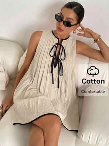 Siren Gaze Women's Contrast Polka Dot Sleeveless Mini Dress Women Vacation Dress Summer Dress Cotton Dresses Casual Summer Dress For Women Cream Dress Cotton Blouses Italian Summer Dress Sleeveless Dress - Apricot - View 1