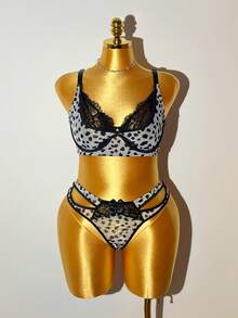 Bare Chapter 2pcs Plus Size Lace Patchwork Lingerie Set Plus Size Lingerie Curve Lingerie Set Cheetah Print Lingerie Set Leopard Print Lingerie Set Matching Bra And Panties Set - Black and White - View 6