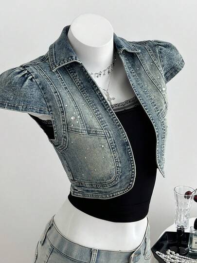 Elamini Vintage Washed Rhinestone Embellished Super Short Denim Jacket