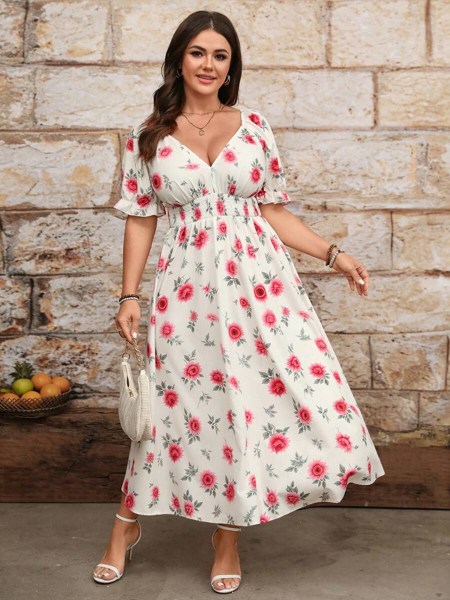 Breezaya Elegant Floral Print Plus Size V-Neck Dress For Women - Apricot - View 1