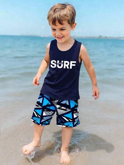SHEIN 2pcs/Set Young Boy Casual Minimalist Short Sleeve Outfit, Classic Beach Vacation Graphic Print, Suitable For Beach, Surfing In Spring/Summer