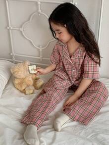 DAZY Bộ đồ ngủ mùa hè cho bé gái, áo tay ngắn và quần kẻ caro. - Hồng - Xem 5