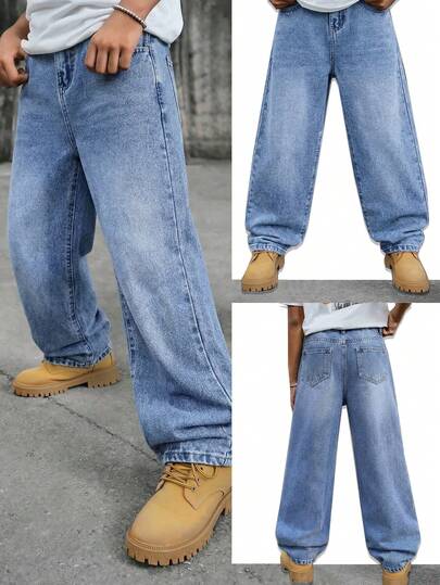 SHEIN 青少年男孩时尚休闲 Y2K 复古酷炫街头风，返校季必备简约舒适蓝色牛仔宽松直筒牛仔裤，柔软舒适，适合日常穿着，也适合秋冬季节参加锐舞派对和街头潮流，2026 春夏新款