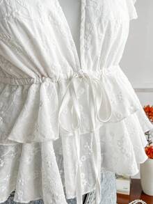 Elamini Sweet Romantic Pure Mori Girl Cute Casual Vacation Home Date Street School Party Ruffle Trim V-Neck Embroidered A-Line Cotton Blouse Top, Spring/Summer - White - View 6