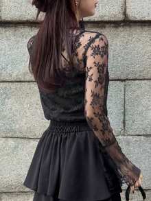 FRIFUL Women's Round Neck Lace Fabric Fitted Flare Sleeve Solid Color Casual T-Shirt - Black - View 4