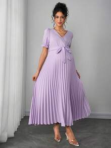 Momance 交叉V领系带腰部褶皱摆裙，优雅春夏款式 - 紫色 - 查看 5