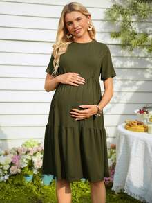 GentleRue Maternity Maternity Solid Color Round Neck Short Sleeve Ruffle Hem Casual Nursing Dress - Army Green - View 5
