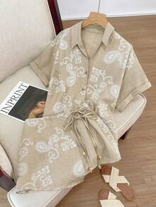 INAWLY Women's Cashew Print Single-Breasted Short Sleeve Top And Mini Skirt Casual 2-Piece Set - Apricot - View 1