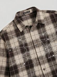 NEON BLANC Men's Street Fashion Woven Rhinestone Spider Web Plaid Short Sleeve Shirt - Brown - View 5