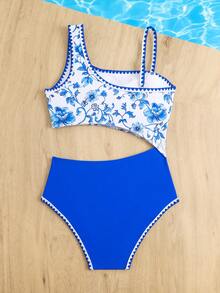 SHEIN 一件式花卉印花镂空荷叶边连体泳衣，适合青少年女孩，弹力速干舒适针织面料，适合海滩、泳池、冲浪、度假、夏季穿着。 - 彩色 - 查看 2