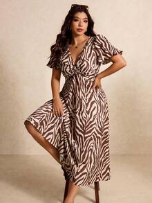 Elaquor 大码女式斑马纹V领短袖优雅连衣裙 - 彩色 - 查看 3