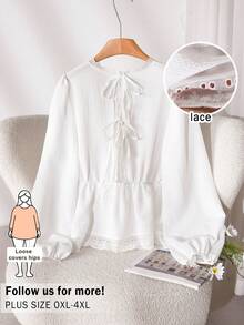 CosyJoli Plus Size Women's Solid Color Contrast Lace V-Neck Long Sleeve Casual Blouse - White - View 2