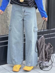 DAZY Quần jeans cargo dáng rộng có túi dành cho bé gái tuổi teen, thích hợp cho mùa thu. - Rửa nhẹ - Xem 6