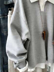 Franclia Women's Contrast Color Patchwork Floral Print Polo Collar Casual Loose Sweatshirt, Plus Size - Grey - View 4
