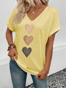 Selamara Women's V-Neck Turnover Cuff, Ombre Heart Print Casual Versatile T-Shirt, Spring/Summer - Yellow - View 3