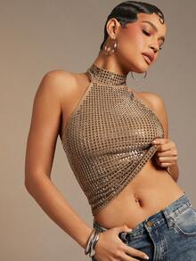 Hauture Women's Sexy Sexy Solid Black Backless Halter Top With Rhinestone Detail - Khaki - View 1