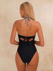 Swim Chiccia 女士无肩带文胸式纯色连体泳衣 - 黑色 - 查看 2
