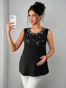 SHEIN Maternity Sleeveless Round Neck Pearl Decor A-Line Camisole - Black - View 3