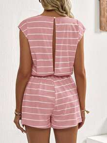 SHEIN Maternity Casual Striped Round Neck Waist Jumpsuit, Summer - Pink - View 2