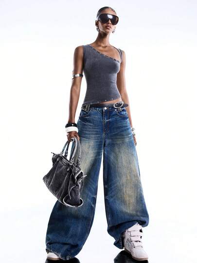 LYSMO 女士不对称领无袖修身衬衫，带钥匙孔设计