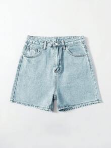 SHEIN EZwear Button-Front Pocket Denim Shorts, Casual Wear - Blue - View 2