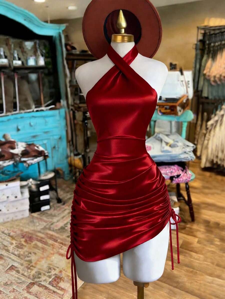 Franclia 修身性感露背交叉绑带褶皱抽绳连衣裙 - 紅色 - 查看 1