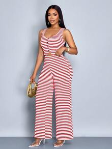 SOLERSUN Women Striped Striped Sleeveless V-Neck Front Button Vest And Pants Set - Red - View 3