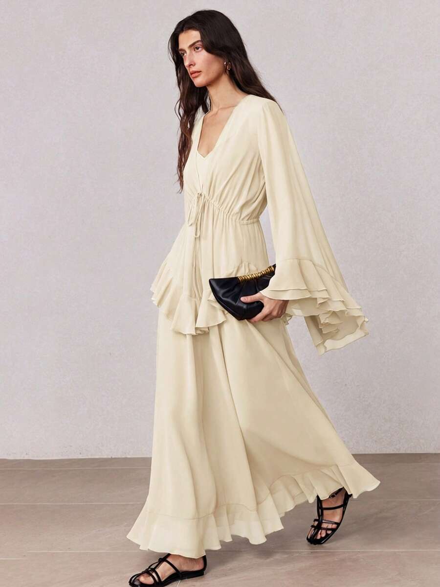 ZEYLAH Elegant Romantic V-Neck Ruched Cinched Waist Ruffle Hem Dress, Spring/Summer - Apricot - View 1