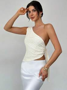 Firerie Áo kiểu nữ thanh lịch, lãng mạn, thích hợp mặc hàng ngày đi biển, đi nghỉ mát, ôm dáng, màu mơ, chất liệu vải dệt họa tiết tua rua, một vai, hở lưng, dây buộc, vạt áo bất đối xứng, trang phục đi biển, áo tank top đi biển. - Màu be - Xem 3