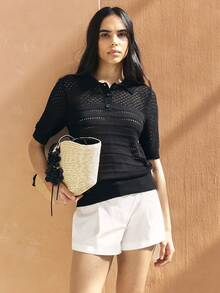 KSTM Women's Open Knit Polo Sweater - Black - View 1