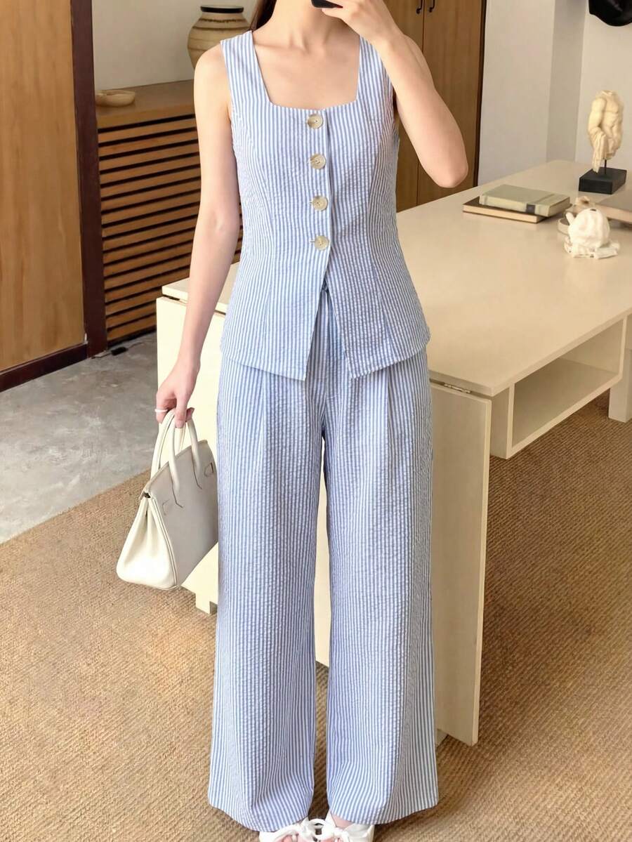 SHEIN Teen Girl Blue & White Striped Casual Vacation Single-Breasted Vest And Pants Set Two Piece Denim Set Linen Two Piece Set Teen Outfit Wide Leg Jumpsuit - Blue and White - View 1