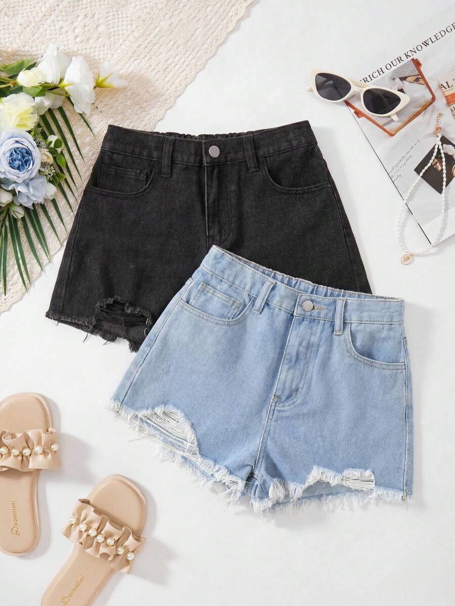 SHEIN Tween少女春夏海灘波希米亞度假風 2件組丹寧短褲 素色淺色水洗破洞原邊休閒寬鬆牛仔短褲,適合夏季音樂會、電音節、畢業典禮、早午餐、海灘度假、鄉村音樂會、節慶、家庭聚會及特殊場合,姊妹風格,可愛優雅甜美復古時尚 - 彩色 - 查看 1