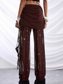 LYSMO Mẫu quần 2 trong 1 thời trang tối giản mới về năm 2026 dành cho nữ, màu trơn, xếp ly, đính đá lấp lánh và thiết kế ruy băng/Kỳ nghỉ hè/Thời trang nữ mùa xuân/Kỳ nghỉ xuân/Ngày lễ tình nhân/Trang phục lễ hội/Phong cách lễ hội nữ 2026/Kỳ nghỉ hè/Kỳ nghỉ hè/Phong cách thường ngày cho nữ/Phong cách Y2K/Những năm 2000/Quần kẻ caro/Quần phong cách Boho - Cà phê nâu - Xem 2