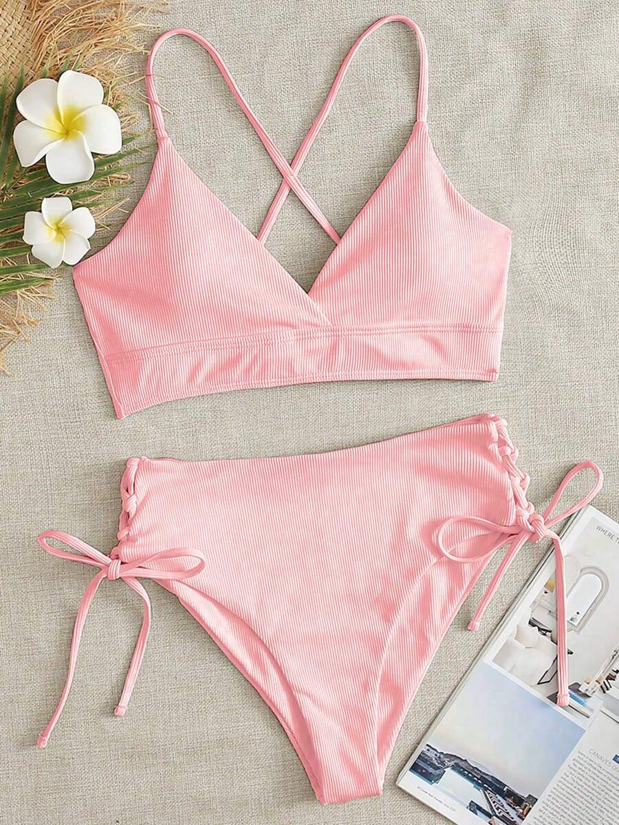 Swim Mod 2026 Spring/Summer 2pcs Set, Women's Dark Green Beach Outfit, Deep V-Neck Backless Ruched Wireless Swimsuit, Casual Summer Beach Swimwear Vacation Bikini Set Modest Bikini Set Tie Bikini Set High Rise Bikini Set Solid Color Bikini Set - Pink - View 1
