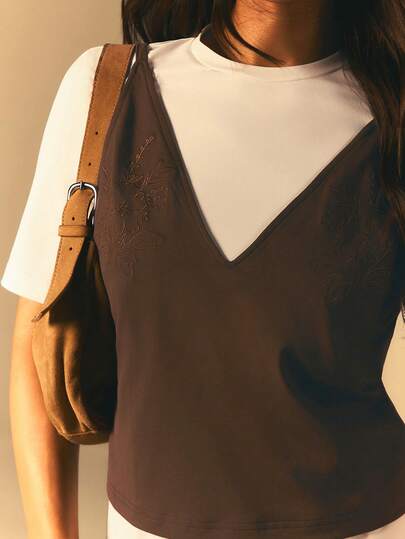 Athîral 2 Pieces Of Women's Casual T-Shirt And Embroidered Vest T-Shirt, Women's Casual T-Shirt, Coffee Colored White Top, Daily Casual Wear, Date And Party Wear, Elastic Knitted Soft And Comfortable Fabric, Summer Wear