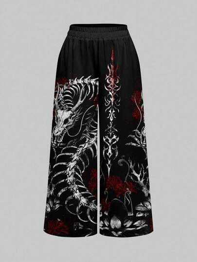 ROMWE Grunge Punk Punk Dark Goth Skeleton, Lotus, Thorn Print Wide Leg Pants For Women