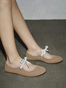 Giày bệt mềm buộc dây thường ngày cho nữ, giày ba lê mũi tròn màu da lộn, thích hợp cho kỳ nghỉ hè, khuyến mãi mùa hè, trở lại trường, trang phục học sinh, giáng sinh, mùa thu, năm mới - Màu be - Xem 5