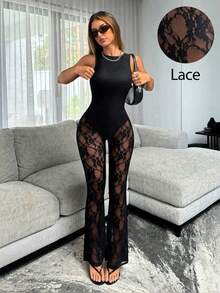 Siren Gaze Elegant Black Lace Sexy See-Through Jumpsuit For Summer - Slimming Sleeveless Fit - Stylish Nightclub Party Outfit - Black - View 1